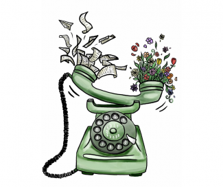 Altes Drehscheibentelefon - aus dem Höhrer wachsen Blumen und Notizzettel